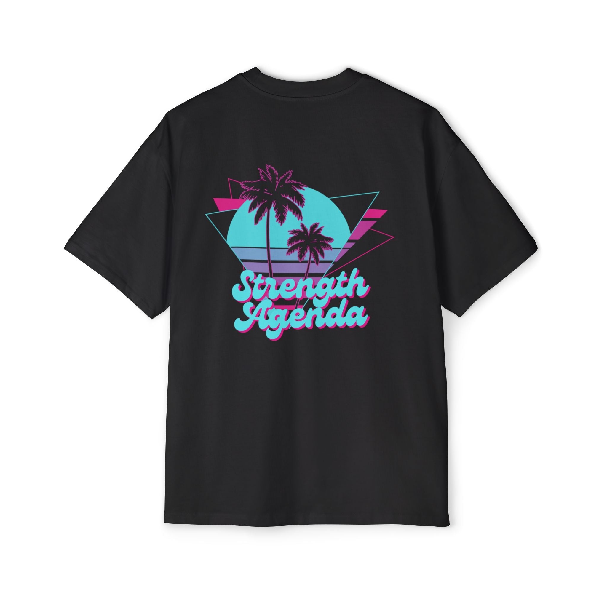 Black t-shirt with 'Strength Agenda' graphic design on a white background